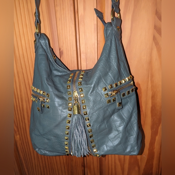 Betsey Johnson leather studded tassel hobo shoulder bag. - Picture 4 of 12
